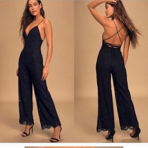 NEW Lulu's Black Lace Wide-Leg Lace-Up Jumpsuit